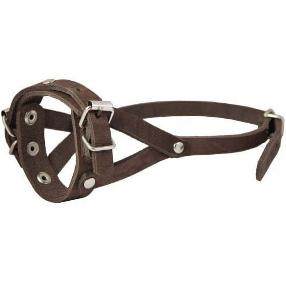 Adjustable Leather Loop Bite Bark Control Easy Fit Dog Muzzle Brown. Fits 8"-10" Snout.