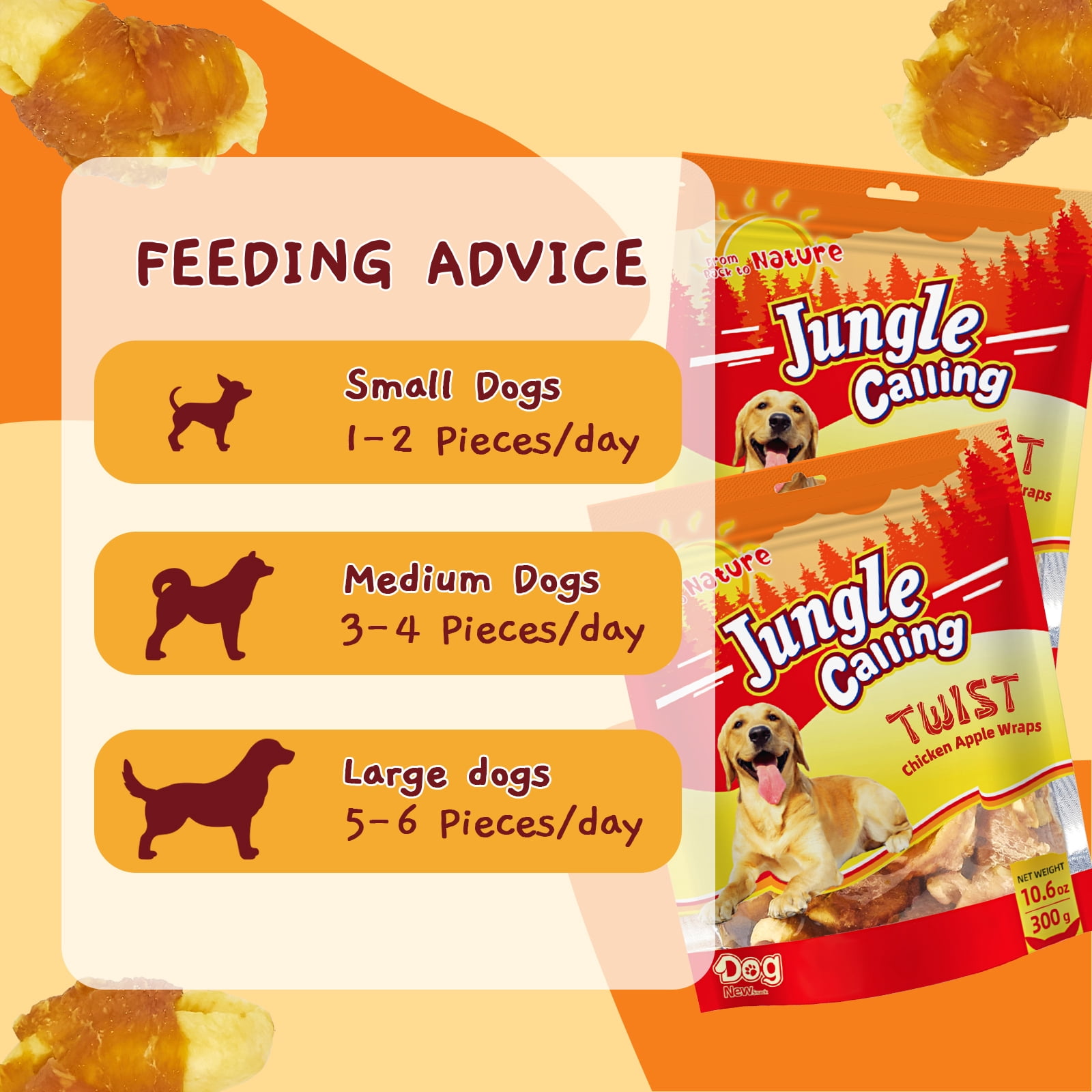 (2 pack) Jungle Calling Dog Treats, Skinless Chicken Wrapped Apple Treats,Gluten and Grain Free,Chewy