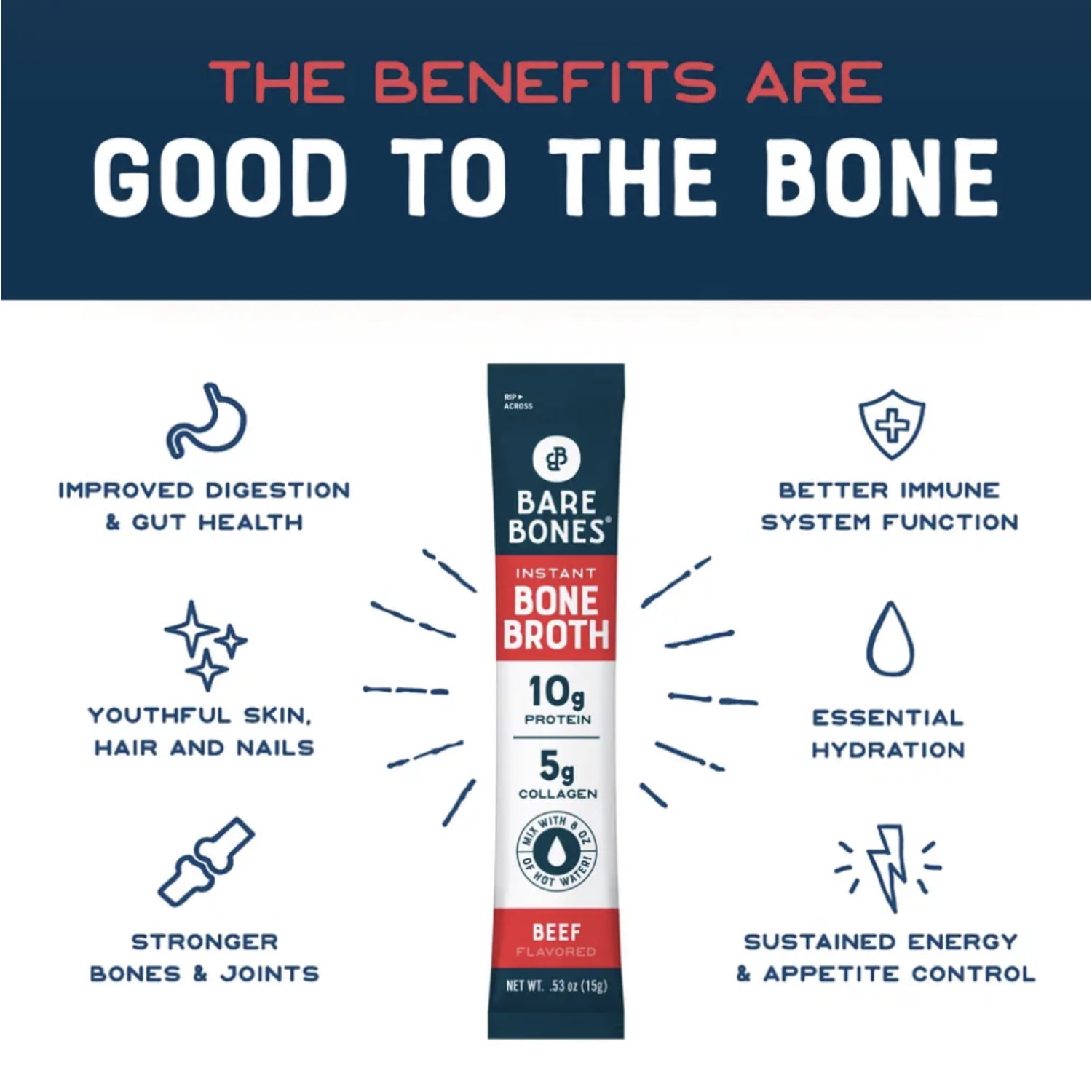 Bare Bones Instant Beef Bone Broth Sticks, 10G Protein, 4.23 oz, 8 Count
