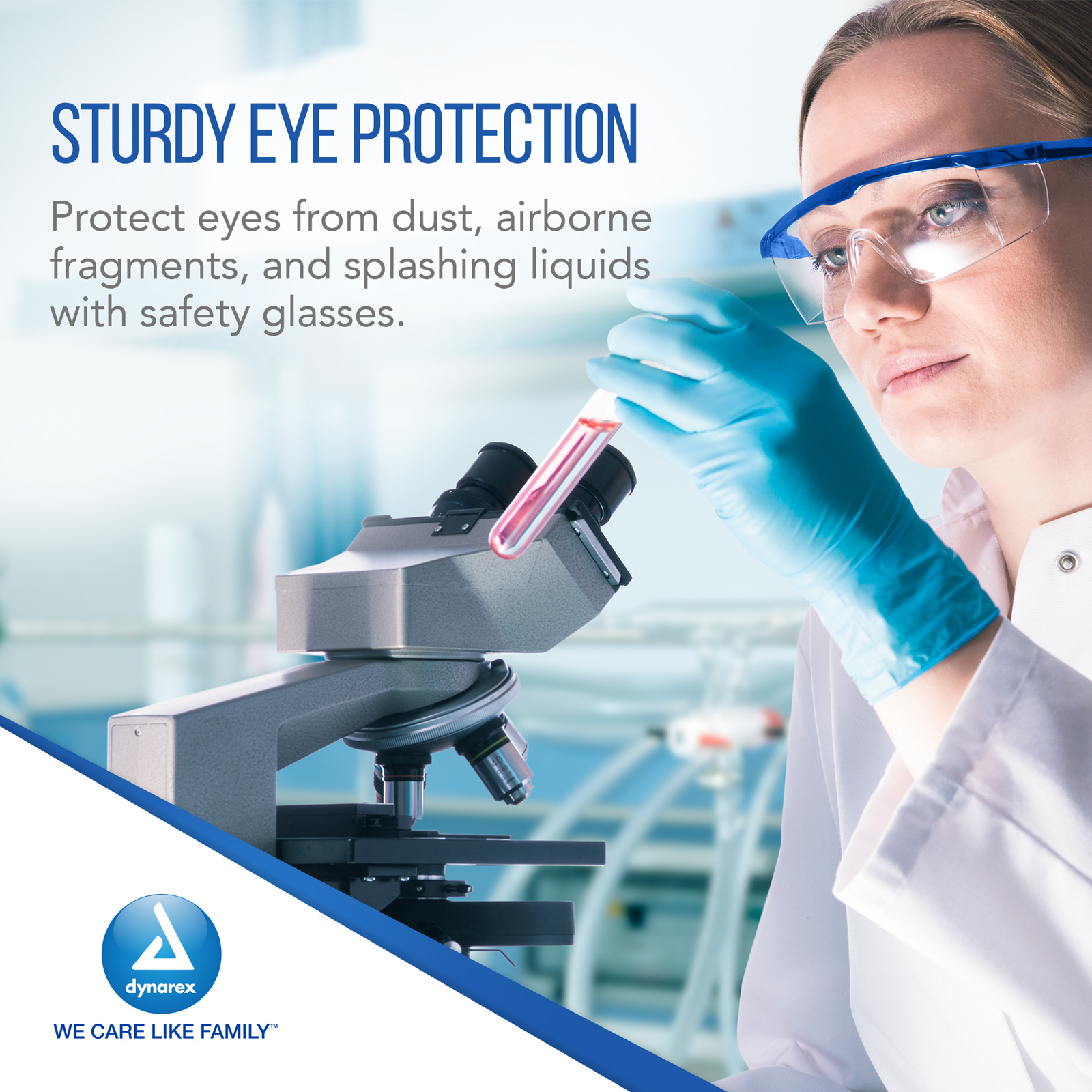 Dynarex Safety Glasses - Eye Protection for Medical, Dental, Lab Use - Shields Eyes From Dust, Chemical & Particles - Wraparound Frames, Wide-View Optical Lens, Short Side Shields - Blue, 50-Count