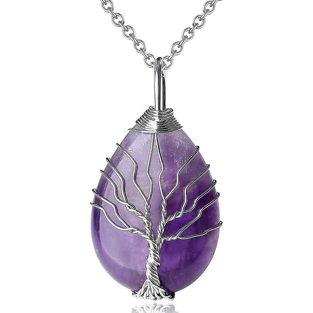 Collar de piedra de cristal de amatista Árbol de la vida Embalaje de alambre de metal Collar con colgante de cristal en forma de lágrima