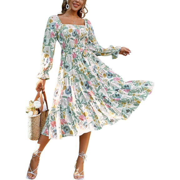 IWEMEK Womens Fall Dress Casual Square Neck Wedding Guest Dresses Loose Fitting Cuff Sleeve Young Adult Flower Clothes