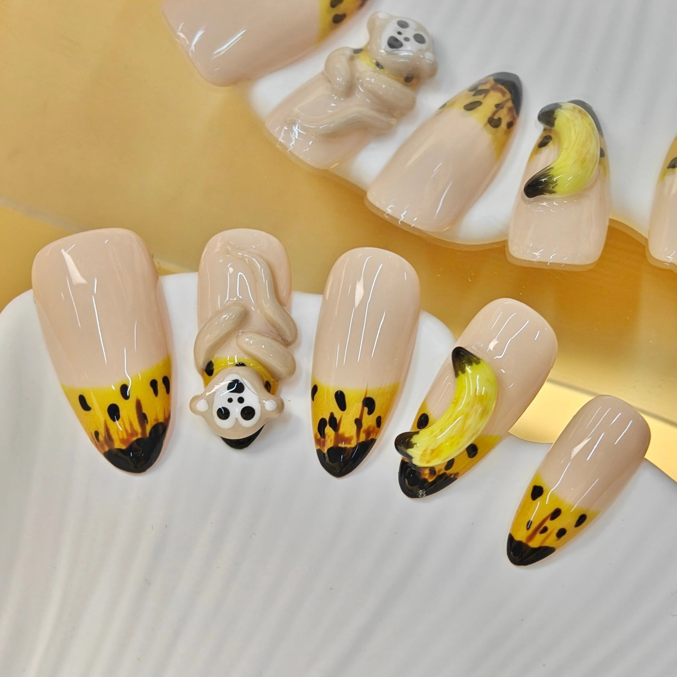 10pcs Almond Medium Handmade Y2K Cute Monkey Nails – Nude Base with Yellow Block & Black Spots, 3D Monkey & Banana Designs, Press On Nails Handmade for Women & Girls