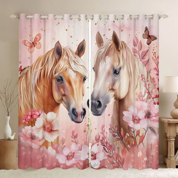 Erosebridal Farm Horse Black Out Curtains, Pink Flower Butterfly Curtains Pack of 2 (42x63 Each) for Girls