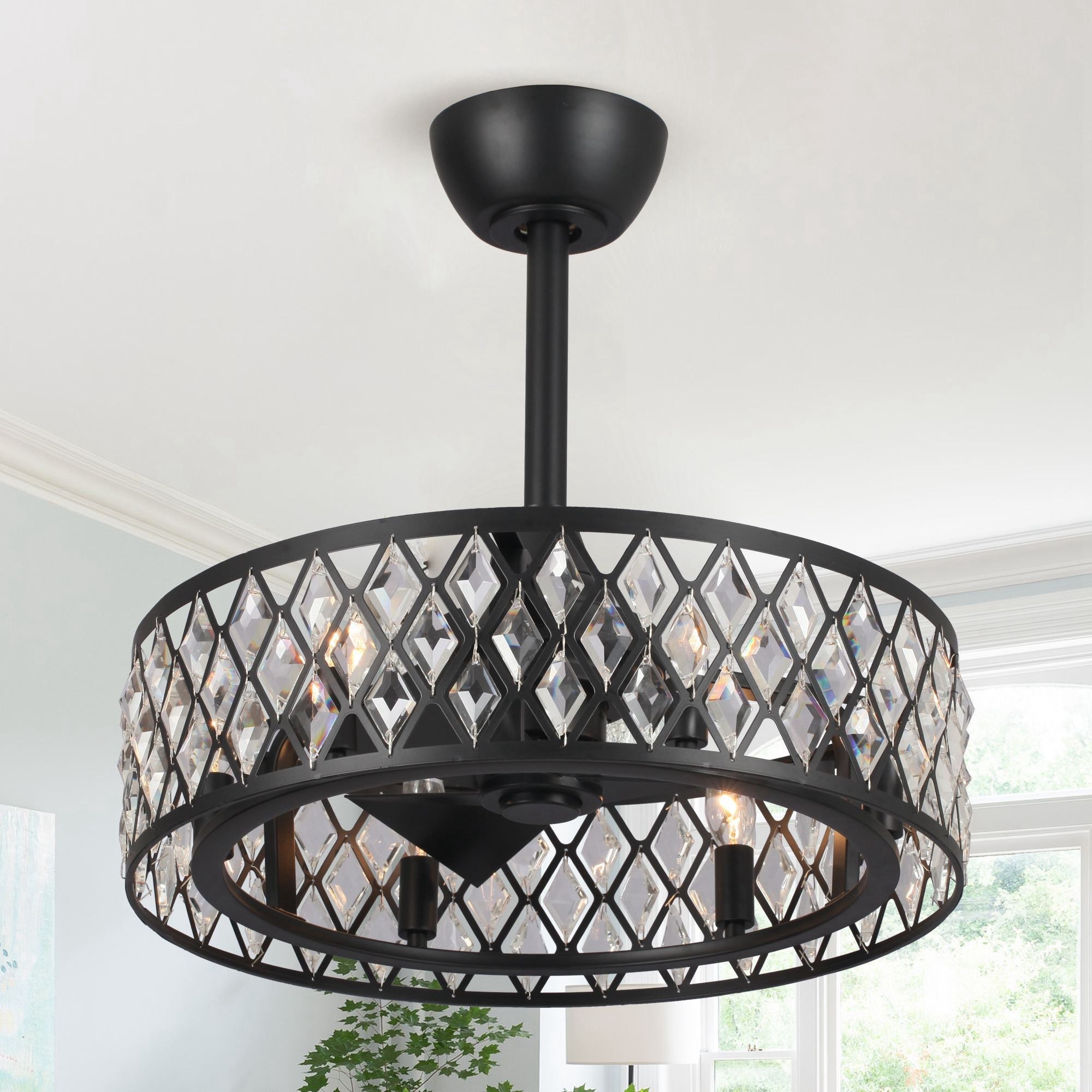 Modern 3Blades Black Crystal Drum Chandelier Ceiling Fan with Remote
