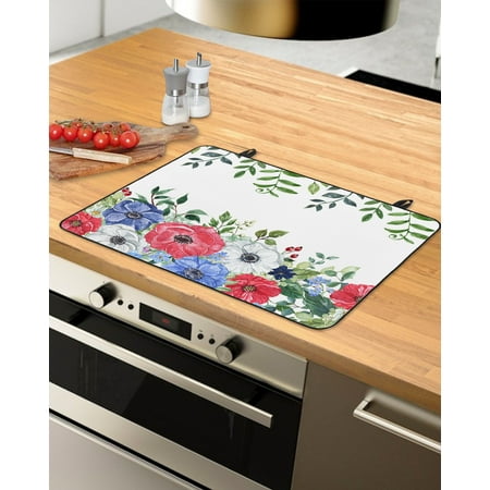 

4th of July Stove Top Covers for Electric Stove Heat Insulation Fireproof Glass Cooktop Cover Counter Top Glass Stove Cover 36 x21 Spring Floral Poppy Botanical Independence Day