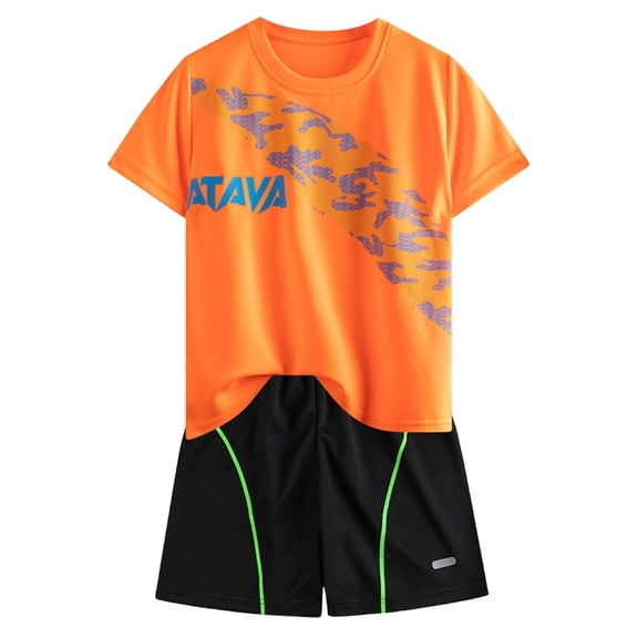 KPOPLK Boys 2-piece Clothes Teen Boys Short Sleeve Graphic T-Shirt and Shorts Set, Lightweight & Breathable Size 15-16 Years,Orange