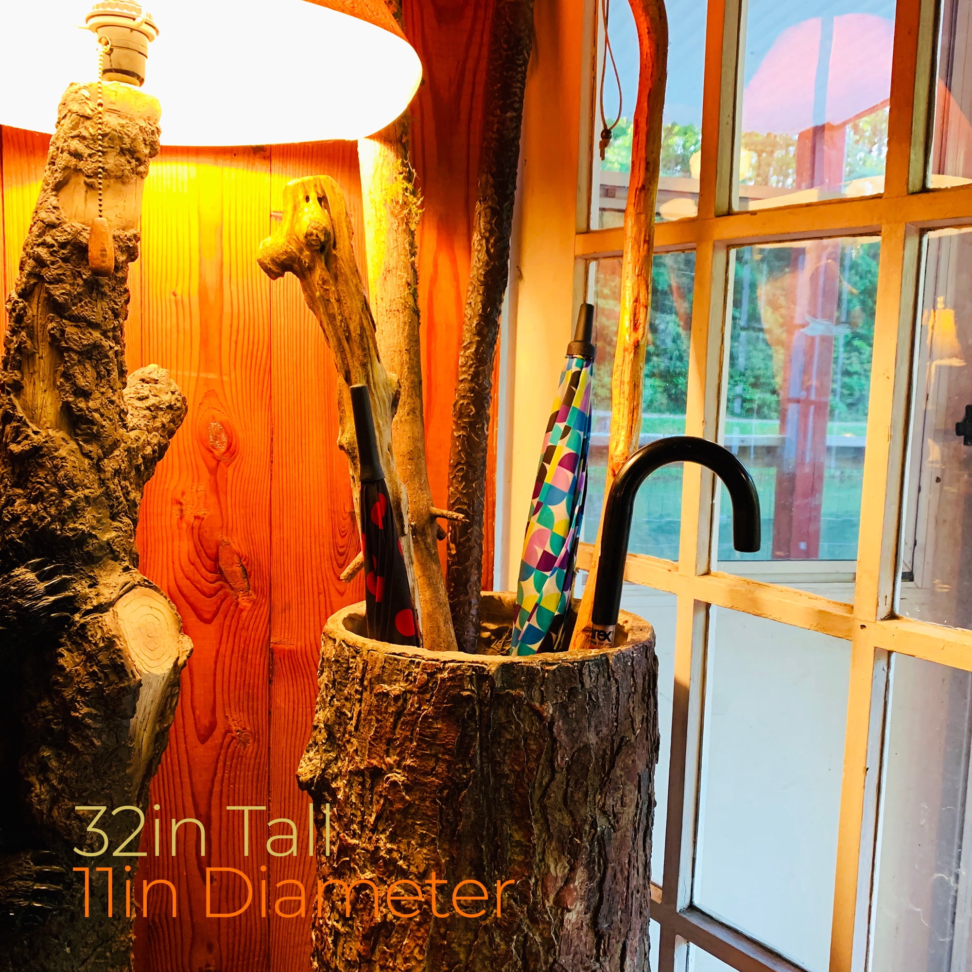 Country Stump Vintage Farmhouse Umbrella Stand. Unique Indoor / Outdoor Walking Stick & Umbrella Holder. Rustic Home Entryway Log Bin.