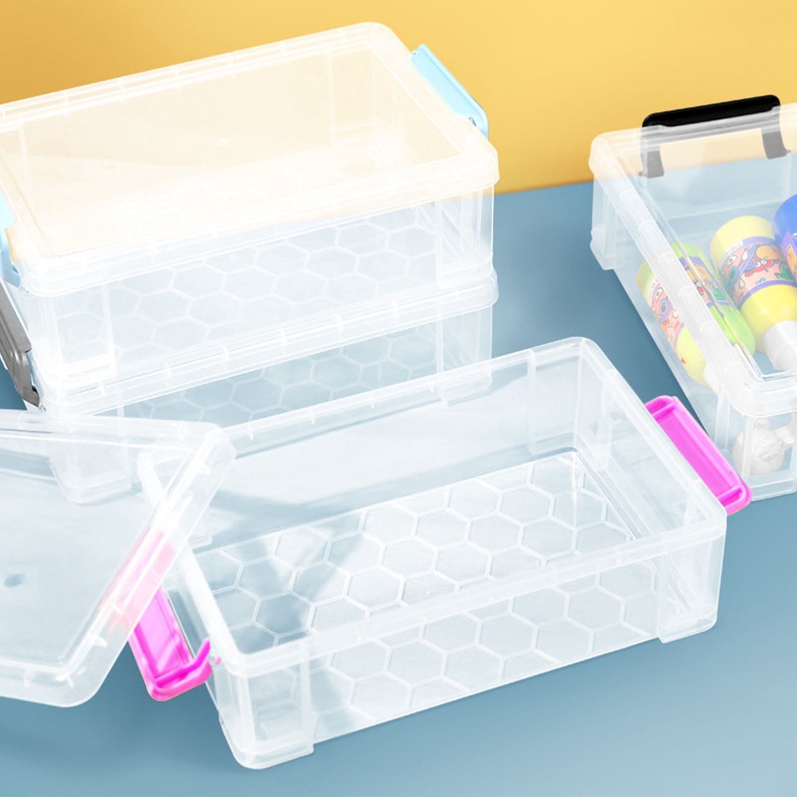 KUMHONW 1 Pack Pencil Boxes,New Extra Large Pencil Case,Plastic Crayon Pen Box,Clear Marker Organizer Craft Storage,Plastic Containers with Lids,Stackable Art Storage Box for Supplies,Black