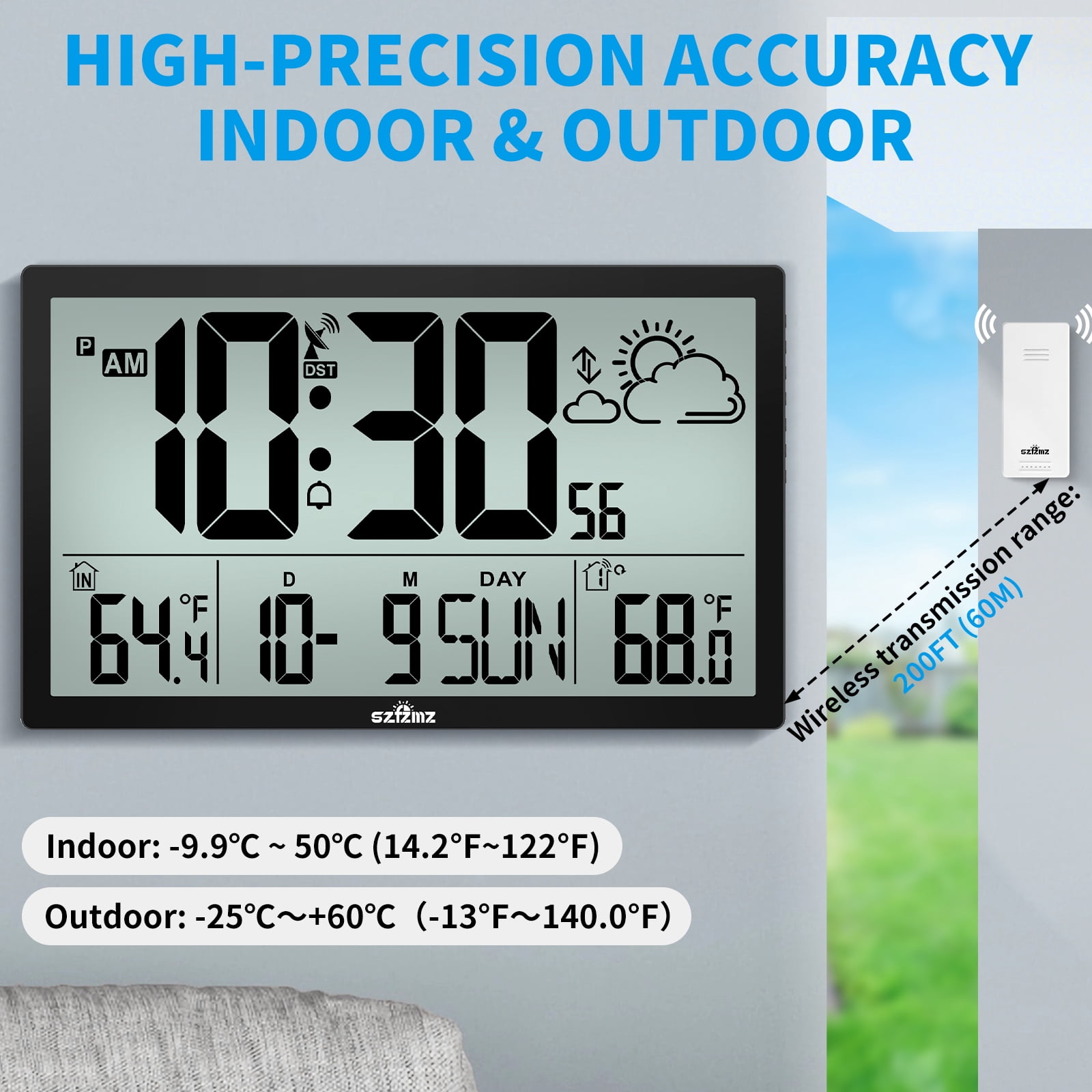 Large Display Atomic Clock, Digital Wall Clock Easy Setting, Indoor Outdoor Temperature With Wireless Outdoor Sensor, Battery Powered, Easy To Read Desk Clock For Office, Kitchen, Living