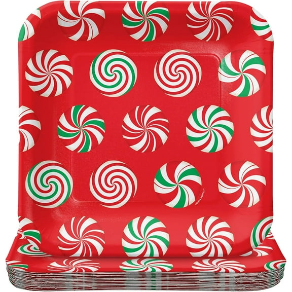 HOME & HOOPLA Peppermint Party Supplies - Red & Green Candy Swirls Square Paper Dinner Plates for 16 Guests