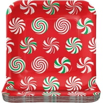 HOME & HOOPLA Peppermint Party Supplies - Red & Green Candy Swirls Square Paper Dinner Plates for 16 Guests