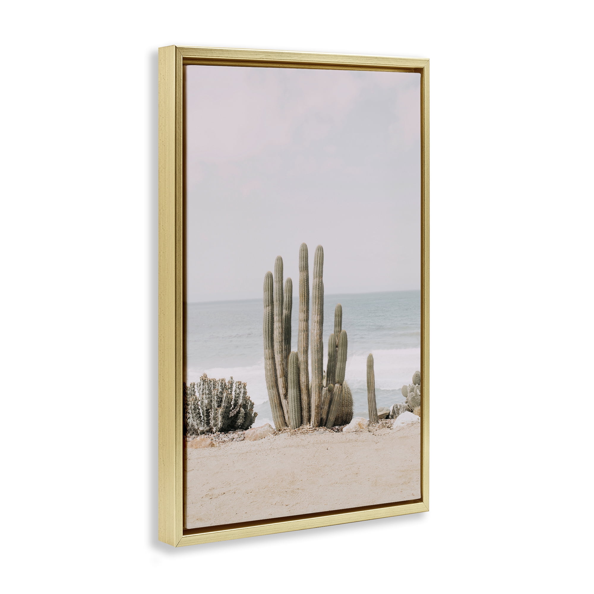 Stupell Industries Cactus on Beach Shore Landscape & Nature Photography Gold Floater Framed Canvas Art Print Wall Art, 17 x 25