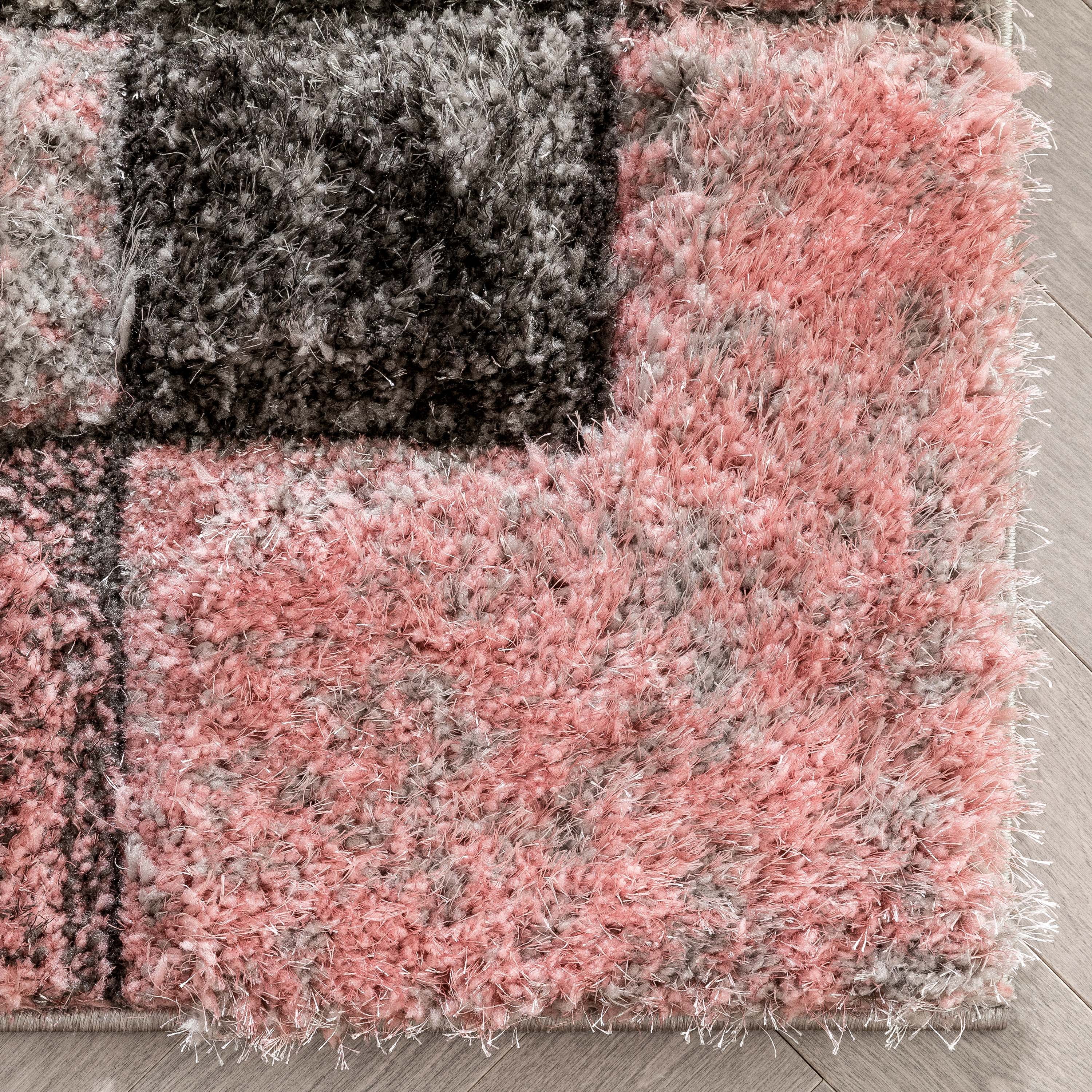 Well Woven Lolly Kenzo Retro Geometric Pattern Pink Grey 5'3" x 7'3" 3D Texture Shag Area Rug