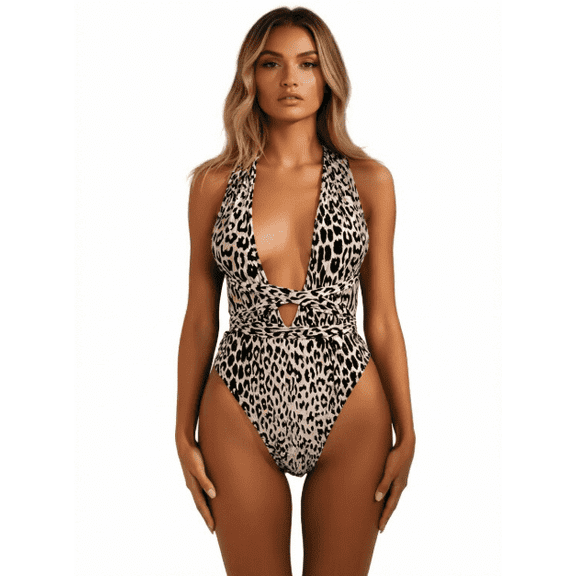 2026 New Women's Leopard Print One Piece Swimsuit – Halter Neck with Cutout Bathing Suit for Beach and Pool