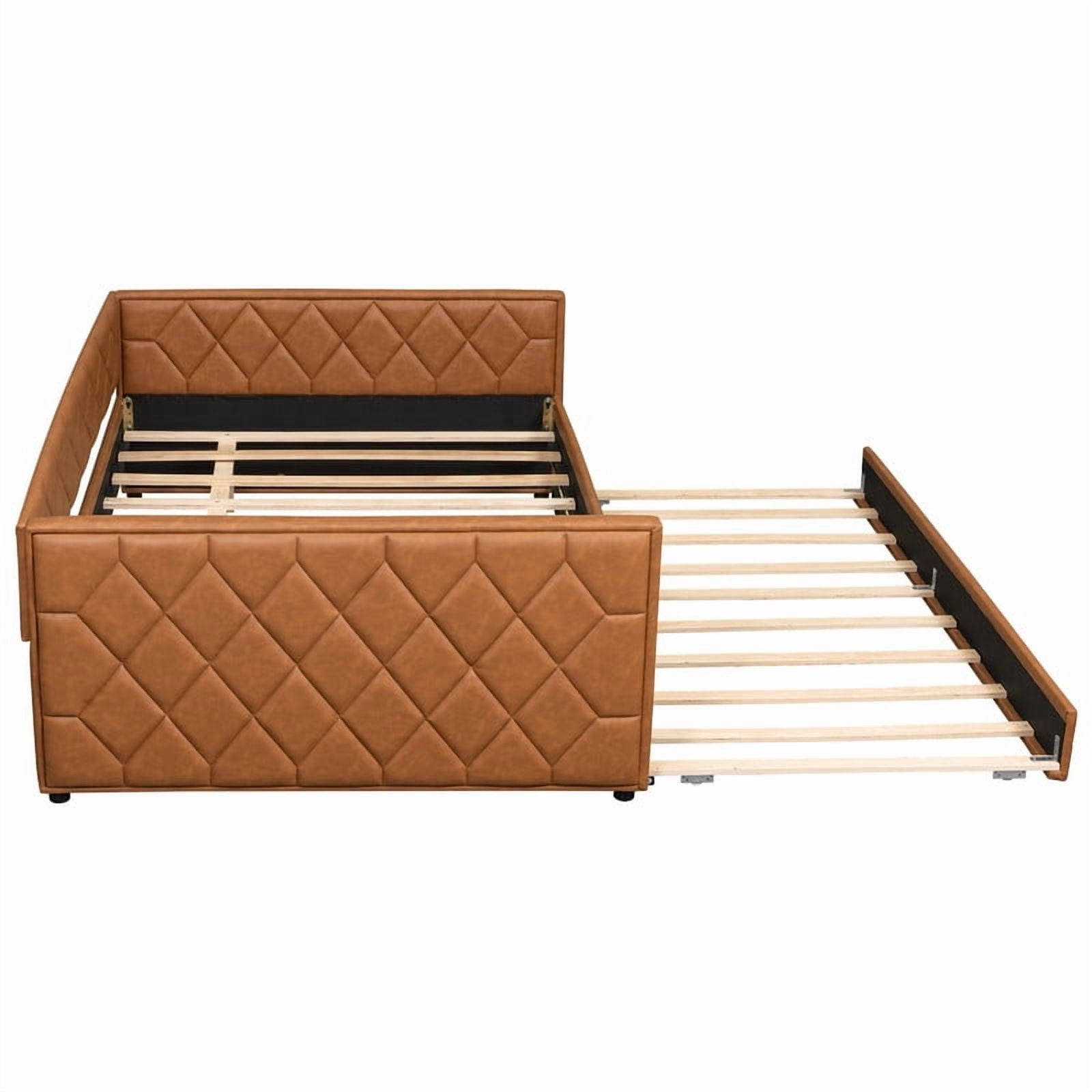 Full XL Size Faux Leather Upholstered Daybed with Twin Size Trundle, Low-Profile Sofa Bed Frame with LED Lighting Armrests