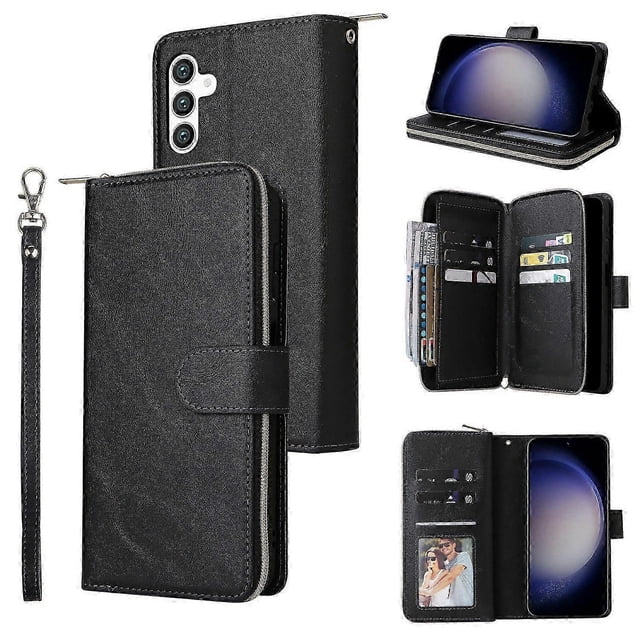 Funda para Samsung Galaxy S25/S24 con bolsillo con cremallera, cubierta de piel sintética con correa de mano.