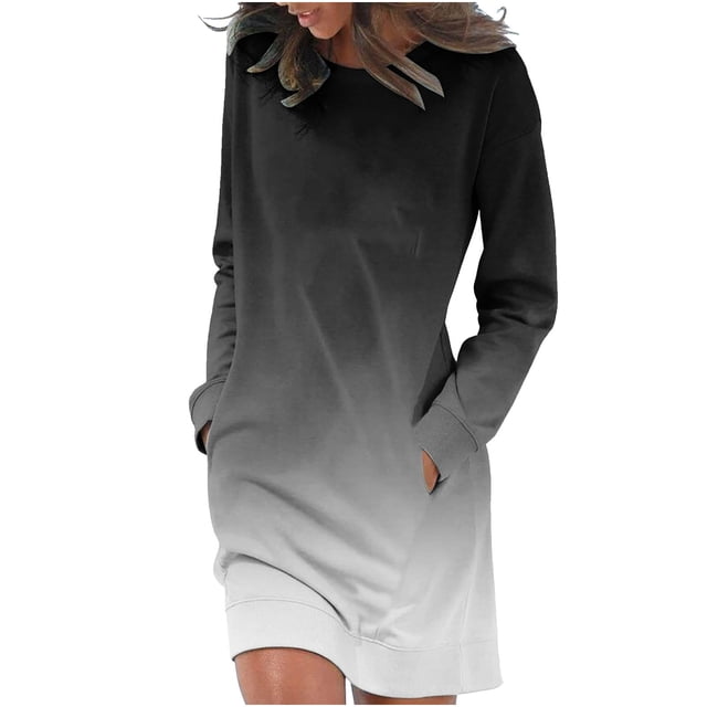 QUYUON Robes de Soirée Grande Taille pour Femmes Liquidation Manches Longues Imprimé Col Rond Robe Longue de Vacances pour Dames Jolies Robes d'Automne Femmes Robe Midi de Cocktail Style D-2256 Noir m