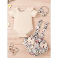 thumbnail image 2 of Seyurigaoka 3Pcs Baby Girls Summer Cute Sweet Romper Outfit, Solid Color Round Collar Fly Sleeve Jumpsuit + Floral Print Suspender Shorts + Headwear, 2 of 9