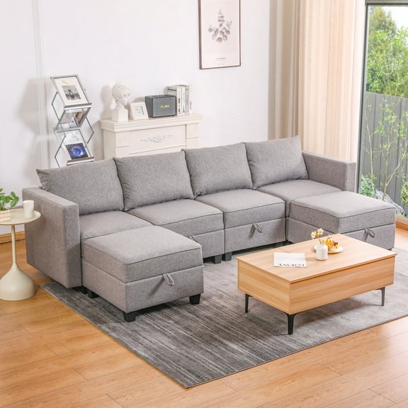 Convertible U Shaped Modular Sectional Sofa with Storage Ottoman Reversible Chaise Fabric Couch for Living Room Dark Grey