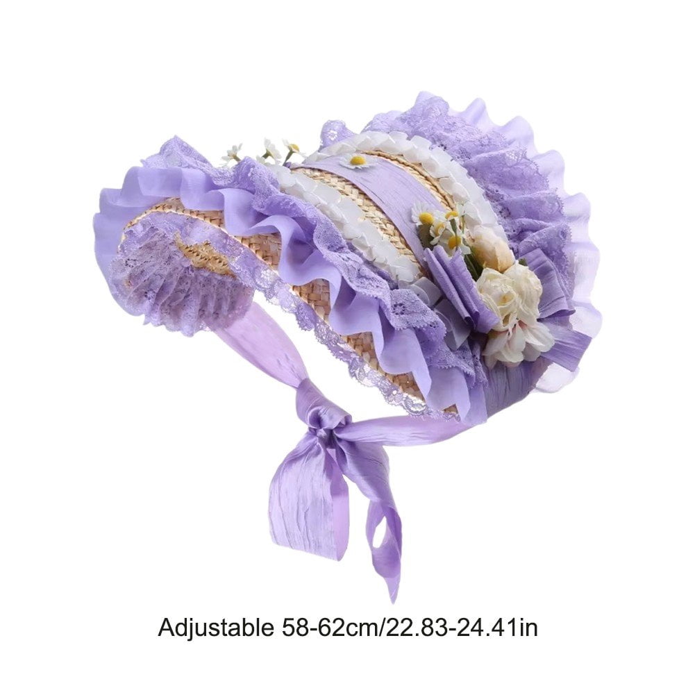Jiibva Victorian Lace Flowers Bonnet Hat Teas Party Sunhat Flower Straw Hat Fashionn Beach Hats Headdress for Women