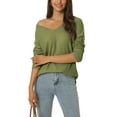 thumbnail image 1 of INSPIRE CHIC Suéter ligero de manga larga con cuello en V de punto waffle para mujer, holgado, talla XL, color verde militar, 1 of 6
