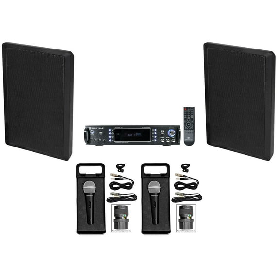 Rockville RPA60BT Bluetooth Karaoke Receiver Amplifier+Slim Wall Speakers+2 Mics