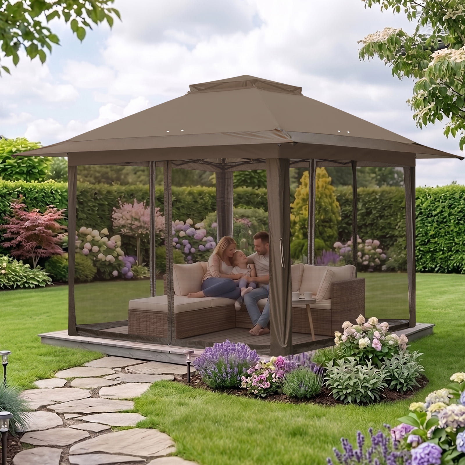 EAGLE PEAK 13x13 Pop Up Gazebo with Mesh Netting, Easy Up Screened Canopy for Patio and Backyard (Brown)