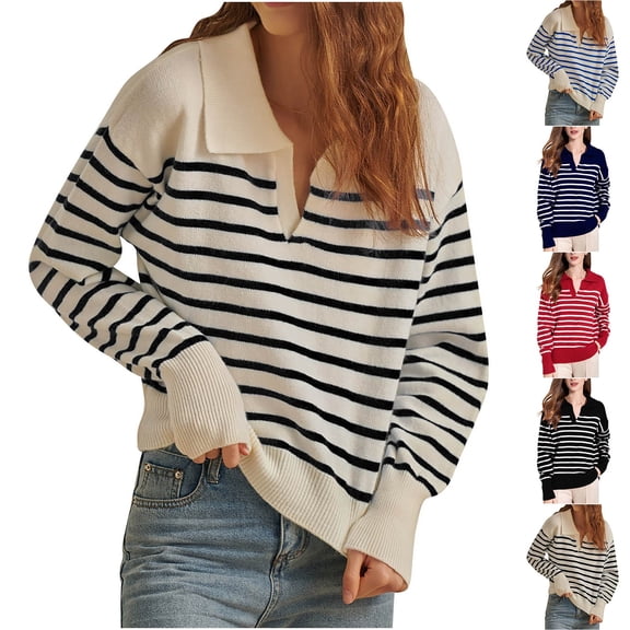 LOVZFMLL Women's Sweaters V-Neck Ribbed Pullover Striped Casual Polo Loose Long Sleeve Tops Warm Fall Winter Clothes
