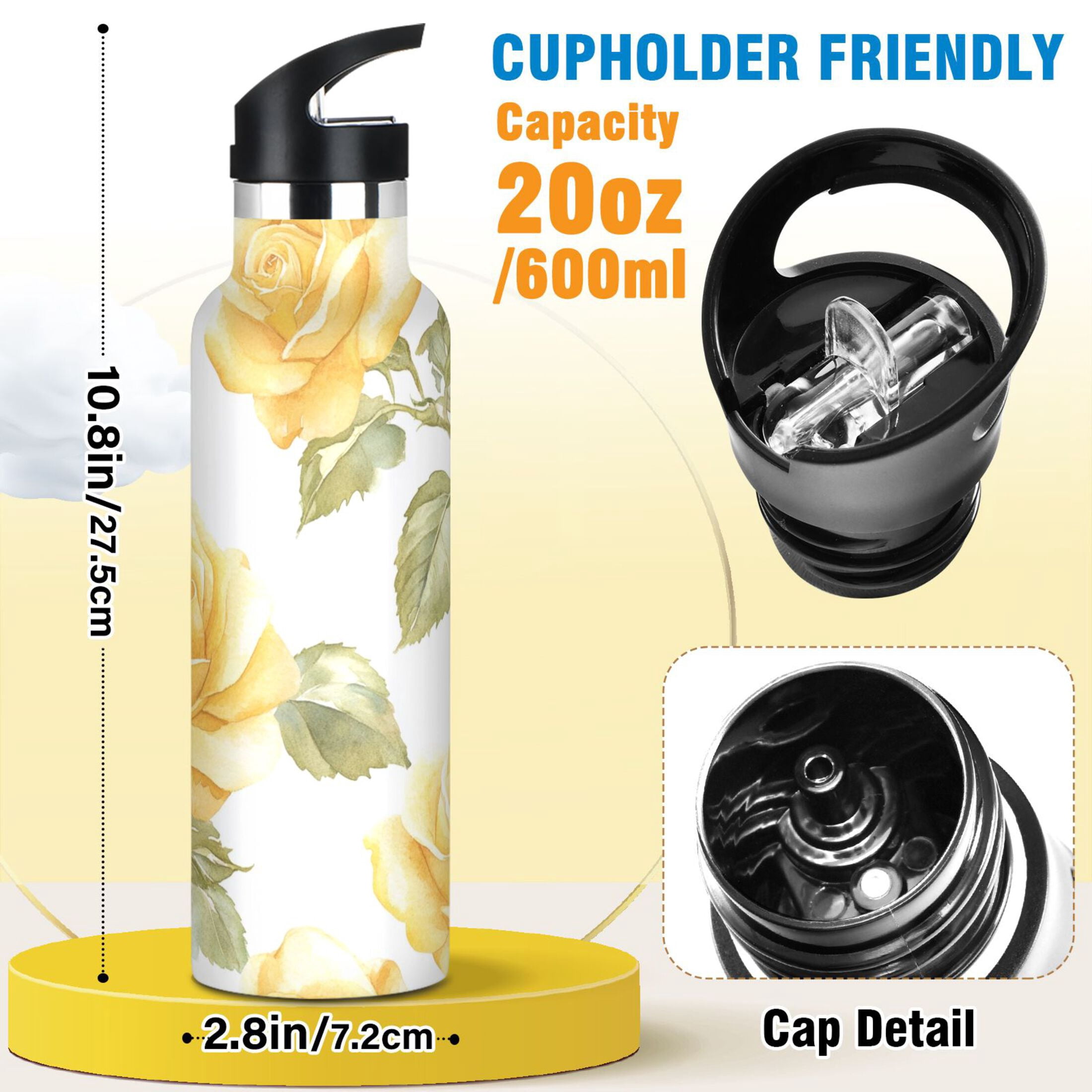 600ML Stainless Steel Insulated Cup Sports Water Bottle Portable Thermos Cup Water Glasses Insulated Tumblers Convenient and Durable Gold Roses