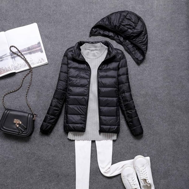 Chaqueta de plumón ligera con capucha y cremallera desmontable para mujer, abrigo corto ultrafino de otoño e invierno