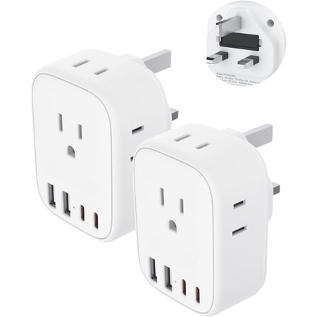 2 to UK Ireland Travel Plug ,Grounded Type G For Travel with 4 Outlets 4 Ports (2 C), Power Plug for to Dubai Scotland London England Hong Kong
