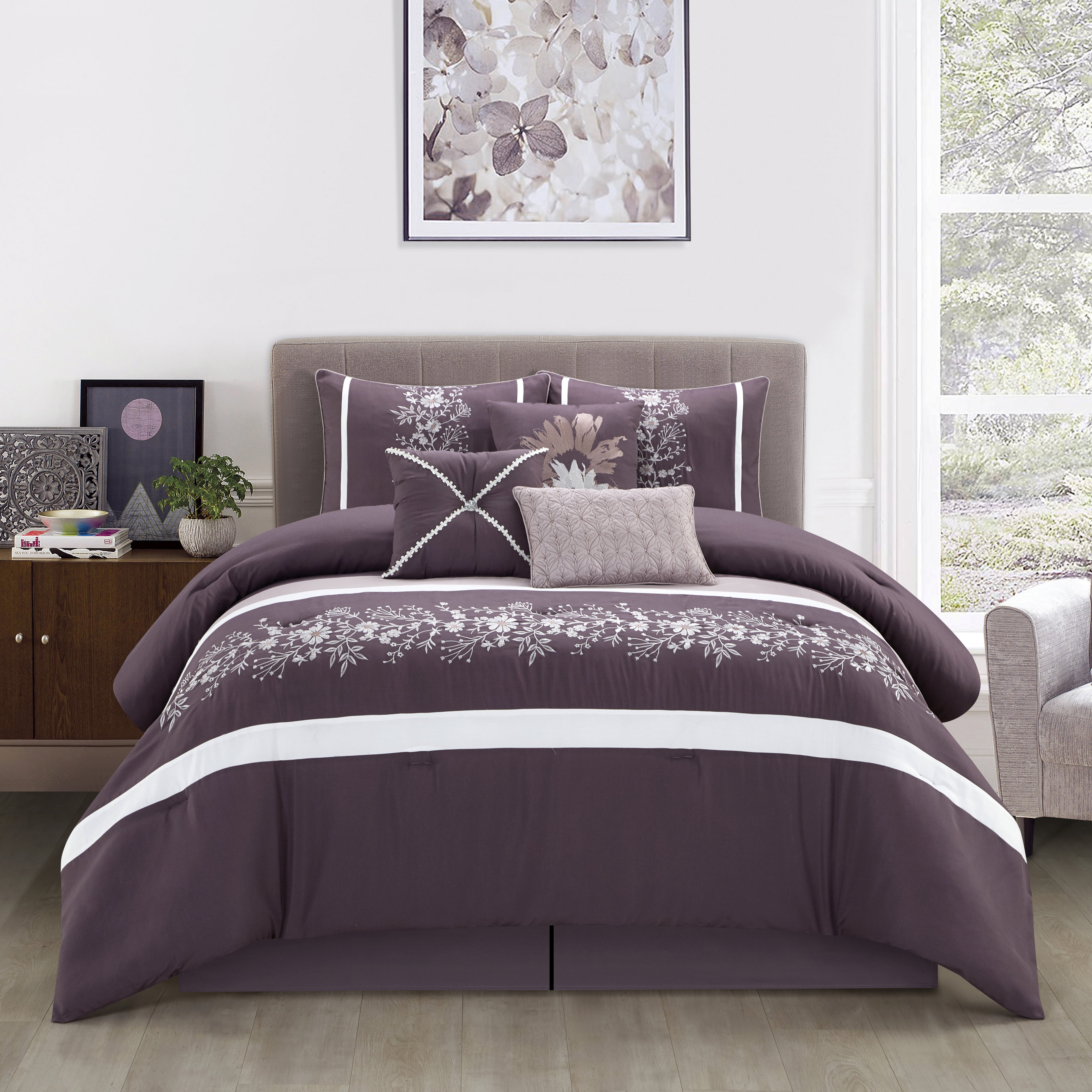 Beautiful Grey Floral Texture Contemporary Comforter 7 pcs King Queen Set 