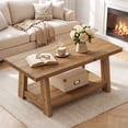 thumbnail image 5 of Finmind Solid Wood Coffee Table, 2-Tier Rectangle Accent Center Table with Lower Storage Shelf, Farmhouse Simple Cocktail Tea Tables for Living Room, Brown, 5 of 8