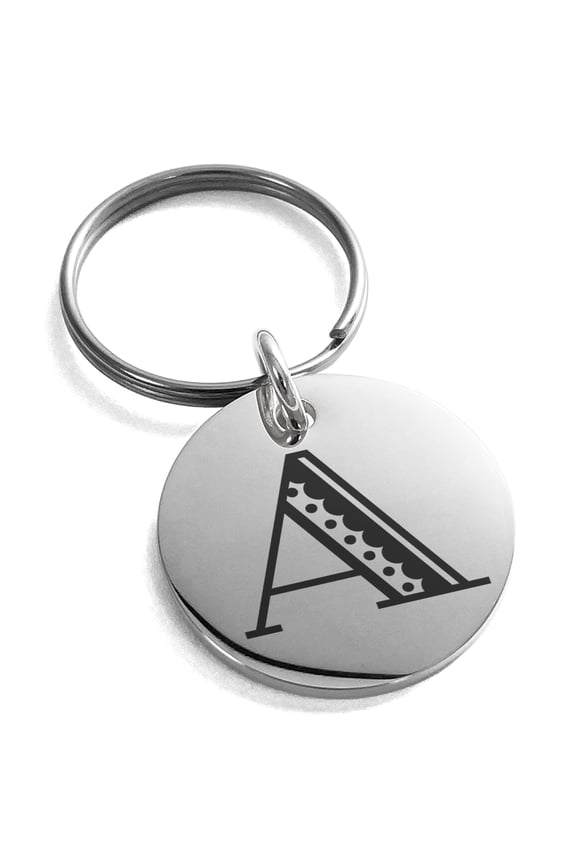 Stainless Steel Letter A Initial Metro Retro Monogram Engraved Small Medallion Circle Charm Keychain Keyring