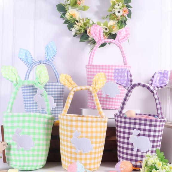 Easter Bunny Basket with Foldable Ears,Rabbit Canvas Toys Bucket Tote with Handle Gingham Plaid Gift Buckets for Easter Egg Hunt,Gift & Toy Storage