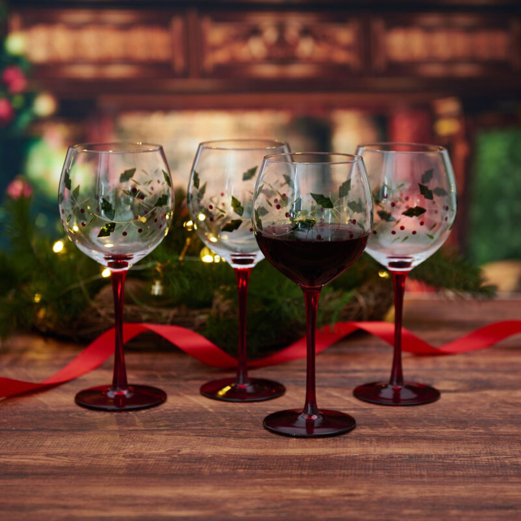 Pfaltzgraff Winterberry 13 oz Hand Painted Glass Wine Goblets, Set or 4