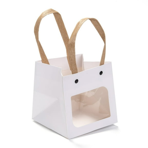 12pcs 210g Rectangle Kraft Paper Bags with Nylon Handles and Transparent Windows for Gift Bags and Shopping Bags White 12x12x1cm