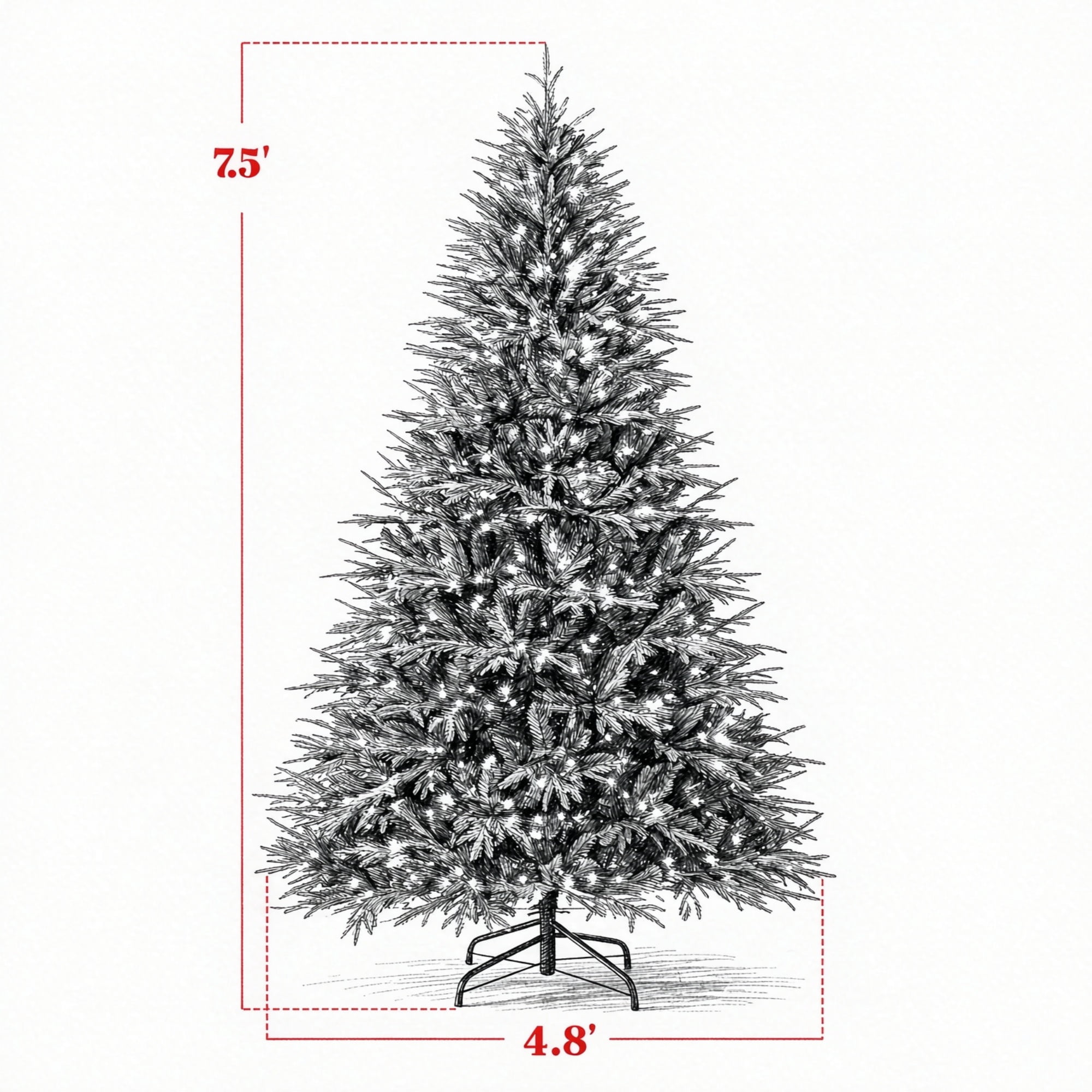 Pre-Lit Artificial Christmas Tree, 7.5 ft, 3719 Branch Tips, 1000 Warm White LED Lights, Hinged Sections, Metal Base