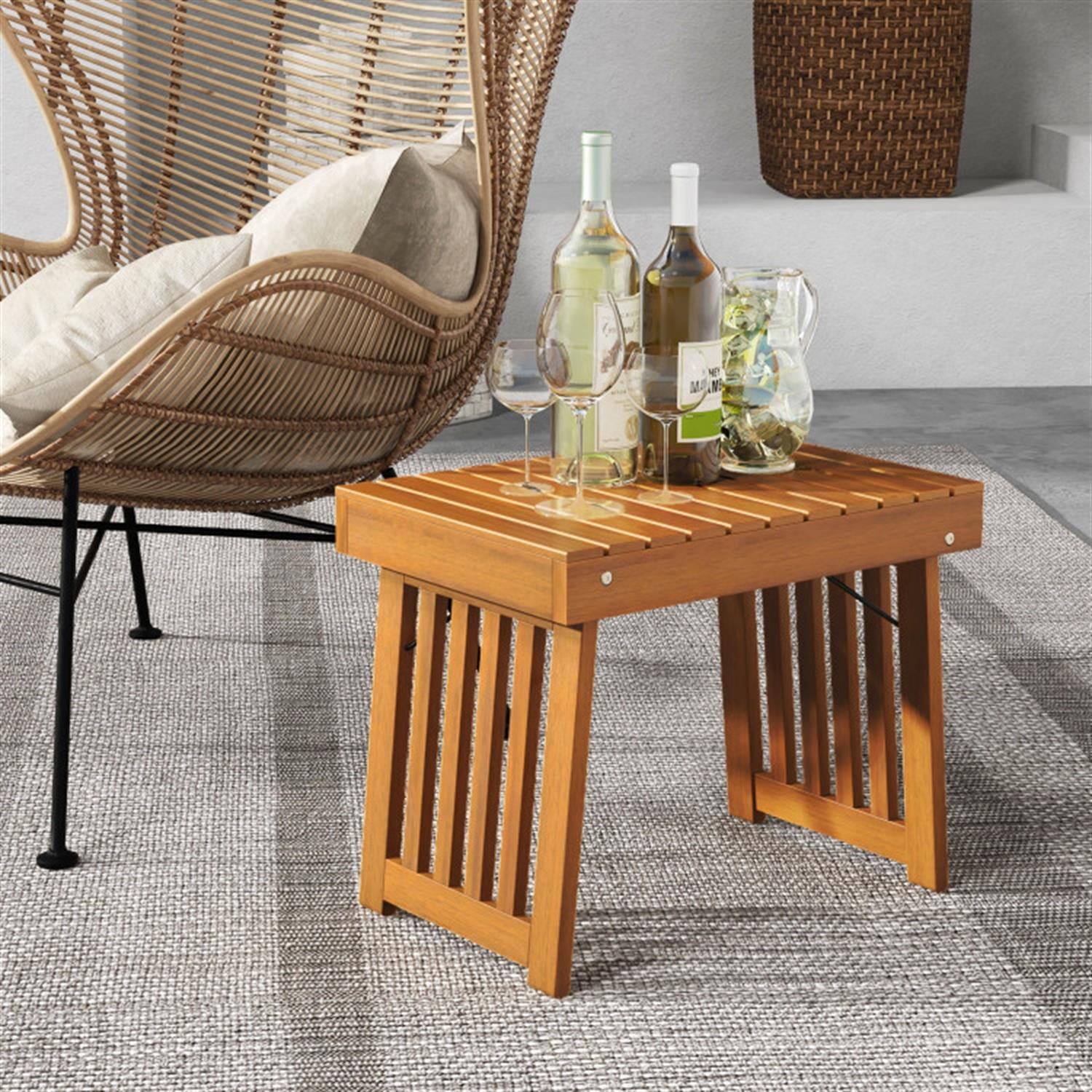Demi Bonn Outdoor Patio Foldable Side Table with Slatted Tabletop for Backyard, Portable End Table, Beige