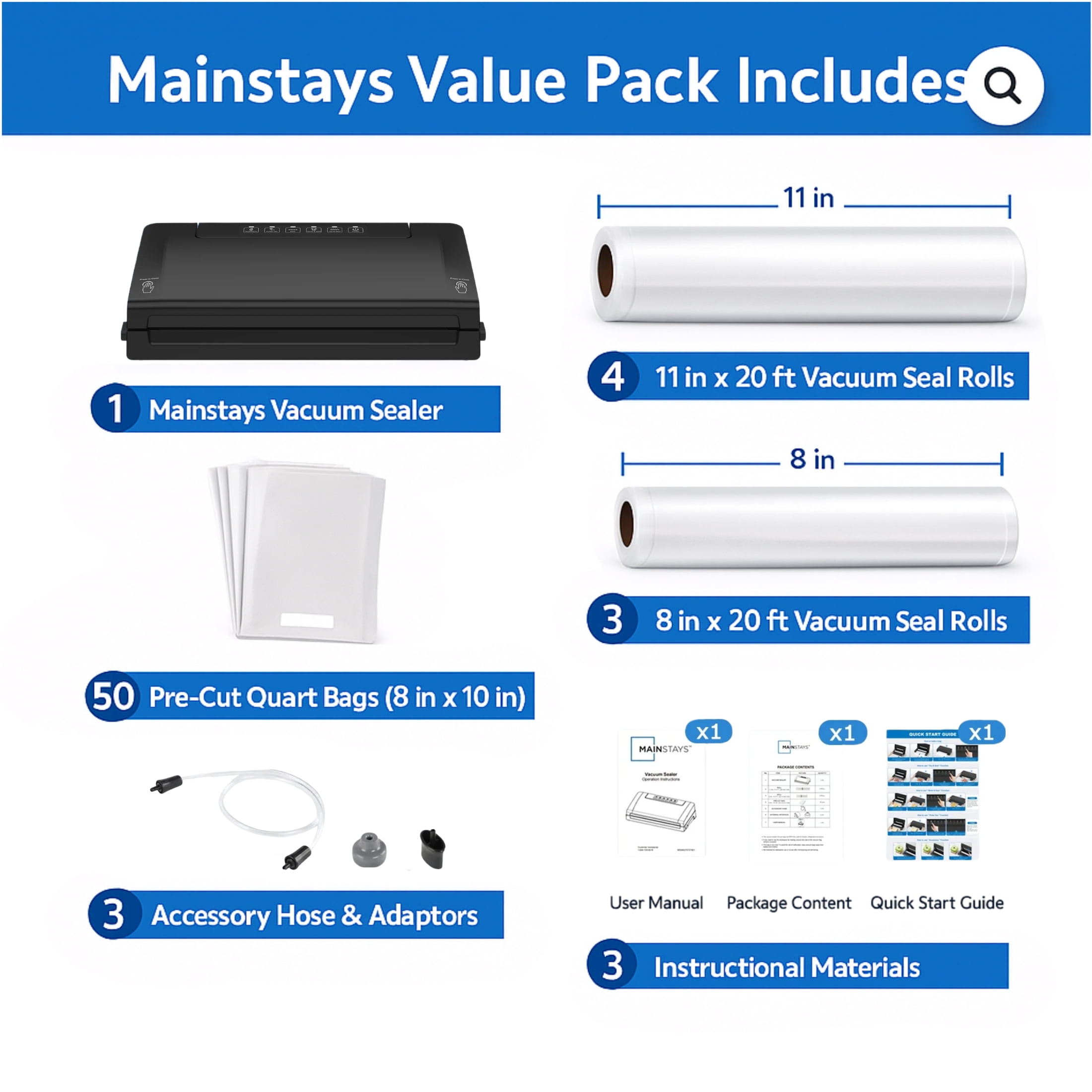Mainstays 64-Piece Food Vacuum Sealer Starter Kit with 50 Bags & 7 Rolls, Complete Vacuum Sealing System for Airtight Food Storage