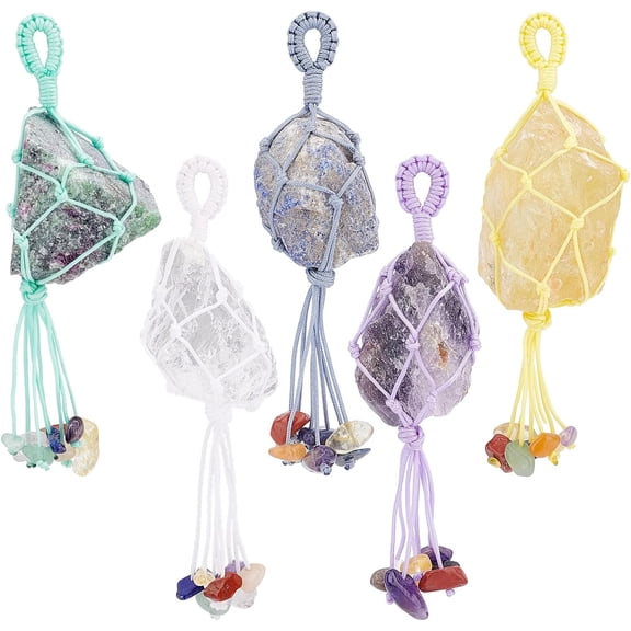 5 Pcs Chakra Hanging Ornament Natural Amethyst Citrine Crystal Lazuli Ruby Hanging with Gemstone Nylon Tassel Crystal Window Car Hanging Rough Stone Ornaments for Home Decoration