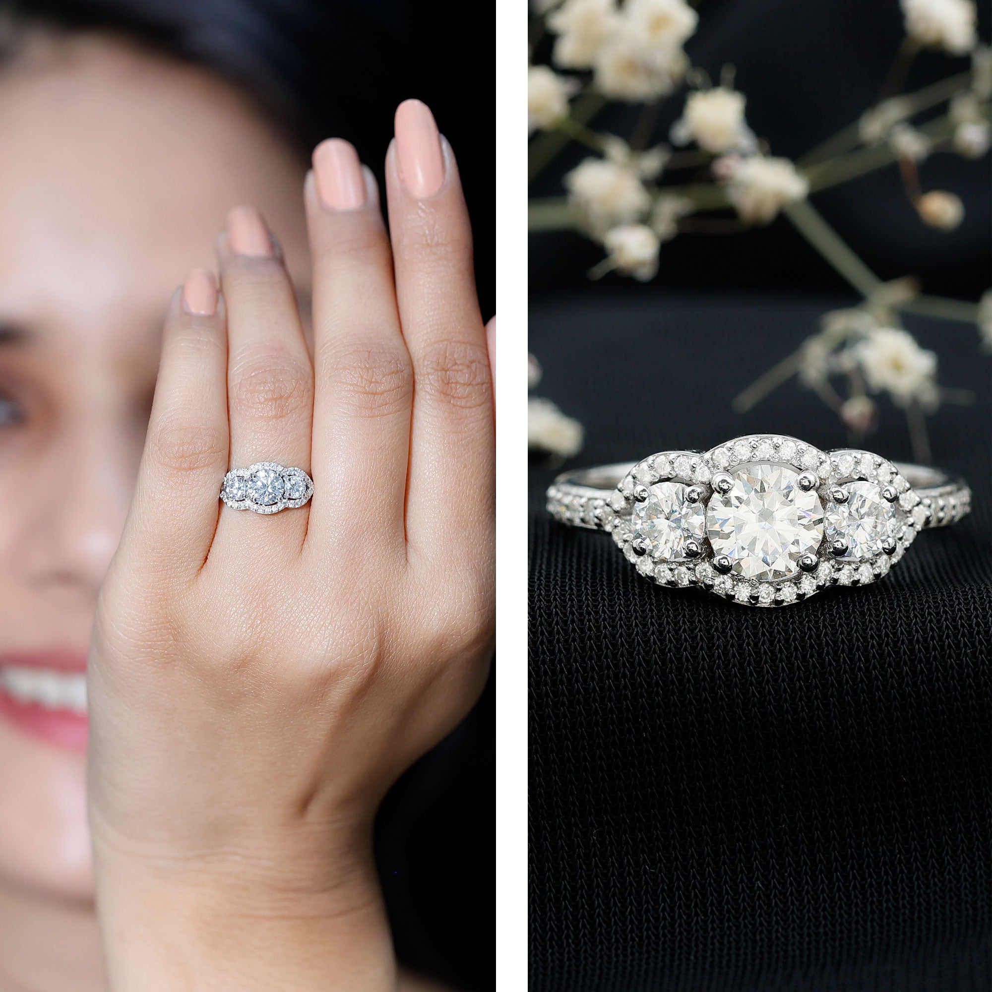 Rosec Jewels Certified Moissanite 3 Stone Engagement Ring for Women - D-VS1 Quality - Statement Ring - with Jewelry Box, 925 Sterling Silver, US 4.00
