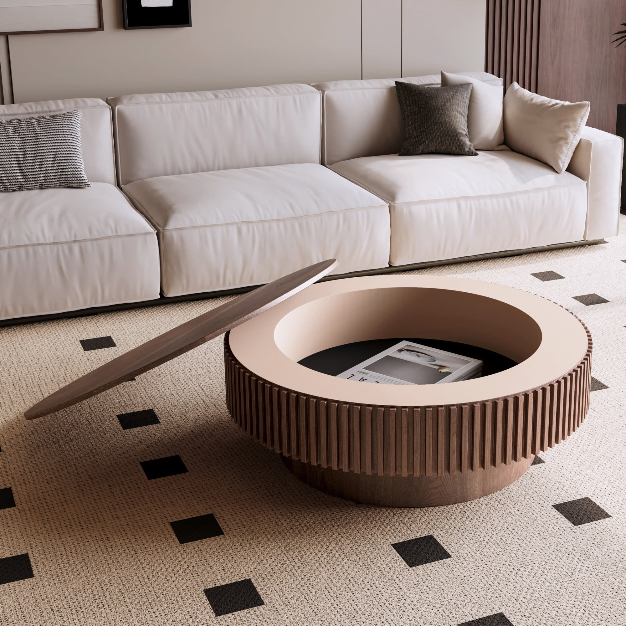 39.37" Round Coffee Table with Storage, Fluted Modern Coffee Table with Hidden Storage, Wood Veneer Center Table for Living Room, Walnut