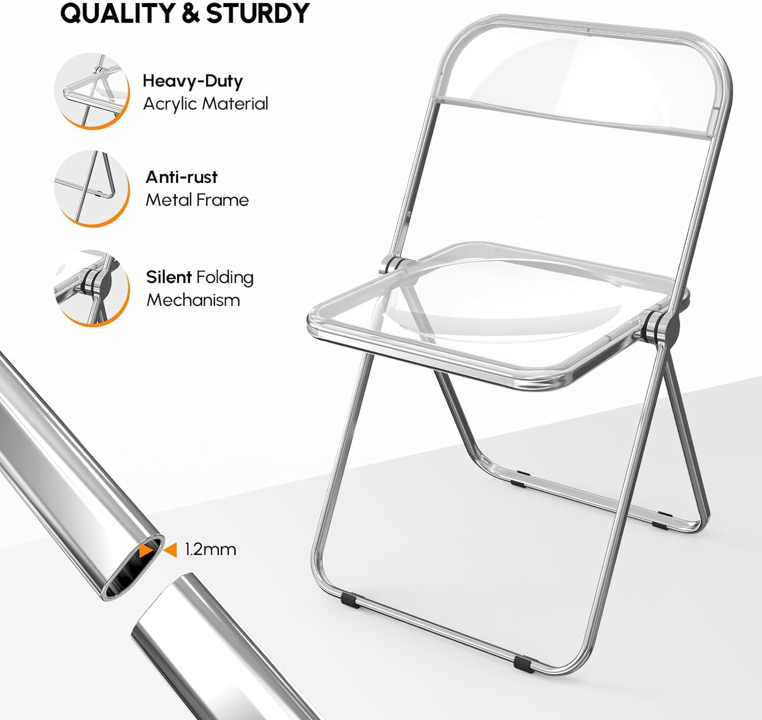 VINGLI Folding Chairs 4 Pack, Clear Chair Foldable and Stackable, Acrylic Plastic Panel & Metal Chrome Frame, Weight Capacity 350 lbs, Transparent