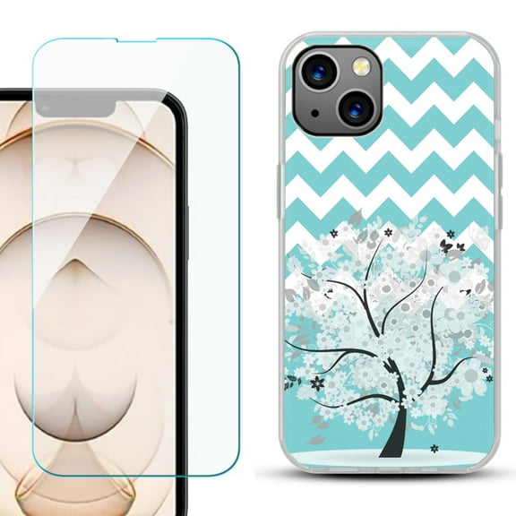 Slim-Fit Flexible TPU Gel Phone Case for iPhone 13, with Tempered Glass Screen Protector, by OneToughShield ® - Chevron/Tree