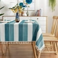 thumbnail image 1 of IGUOHAO Striped Tassel Tablecloth Stitching Rectangle Table Cloth Cotton Linen Fabric Table Cover for Kitchen Dinning Tabletop 54 x 86 Inch Teal, 1 of 5