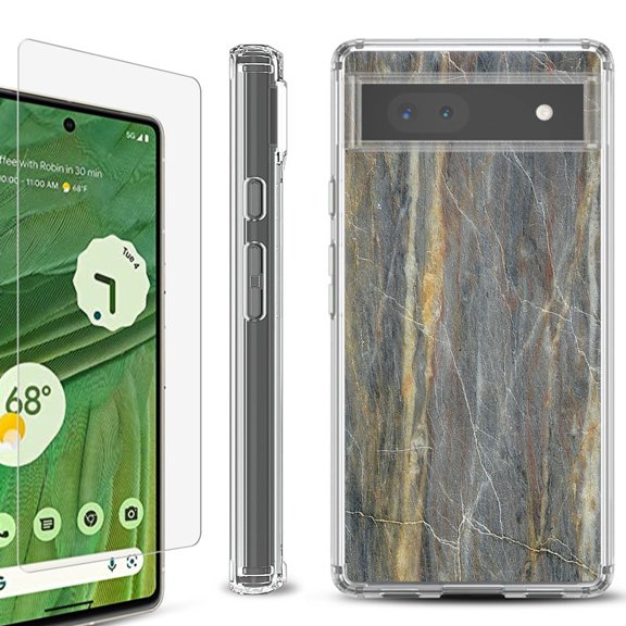 Shockproof Bumper Phone Case for Google Pixel 6a, with Tempered Glass Screen Protector, by OneToughShield ® - Marble/Camo