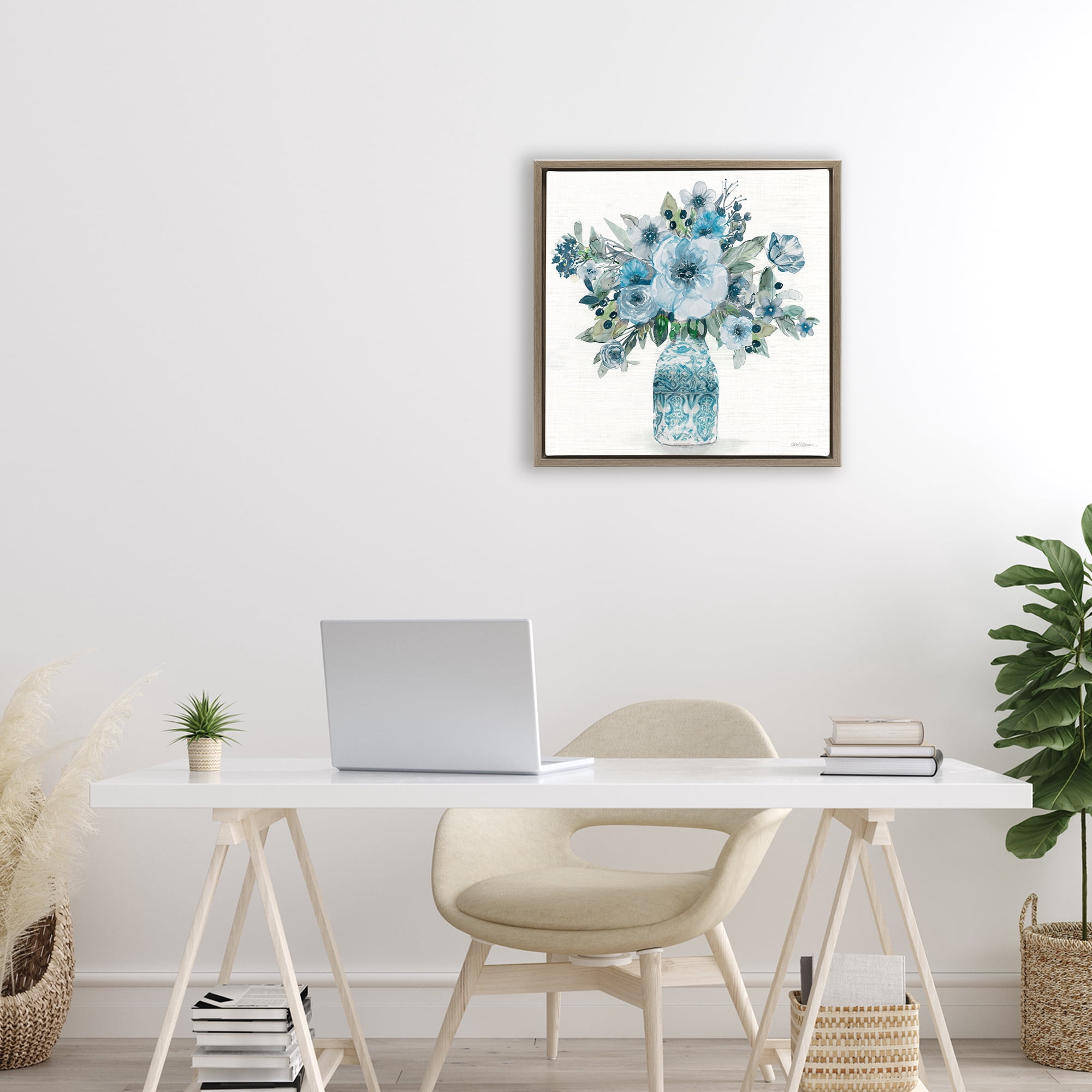 Stupell Industries Pastel Blue Botanical Bouquet Brown Framed Floater Canvas Wall Art, design by Carol Robinson