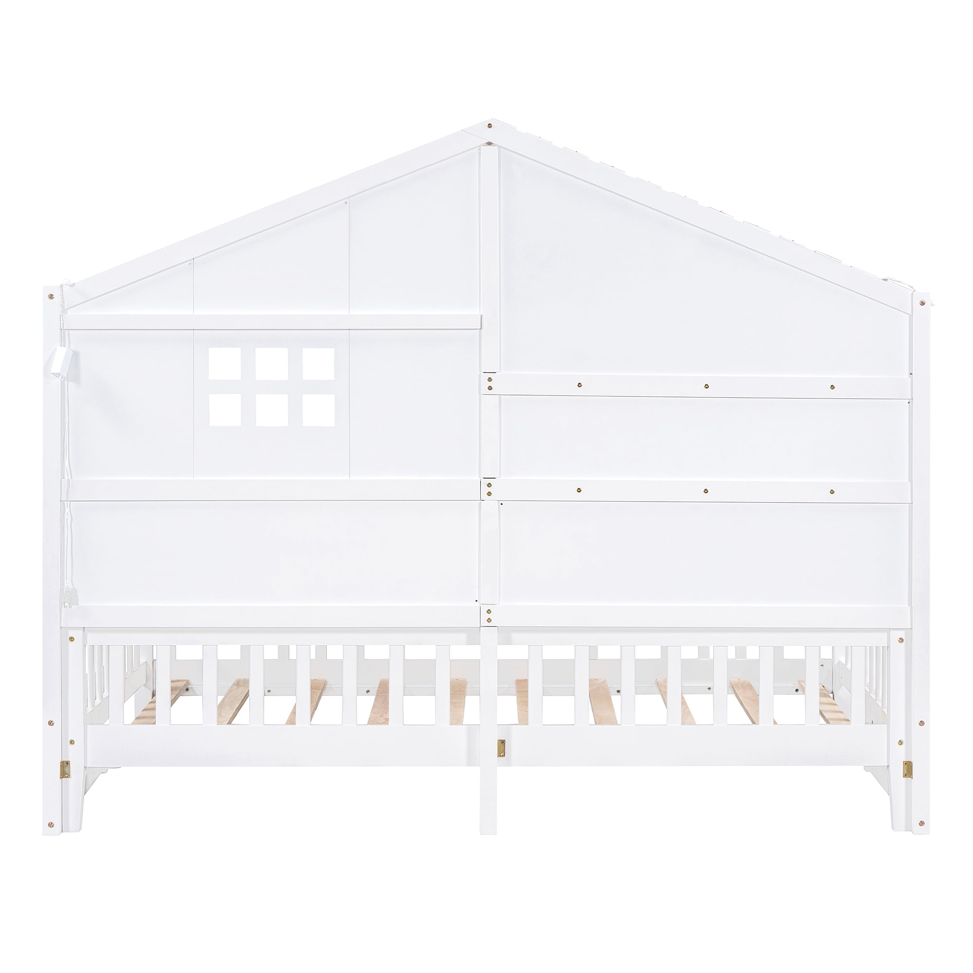 Harper & Bright Designs Twin Size House Bed with Storage Shelves and Rails, Wood Kids Montessori Bed Frame with Window and Sparkling Light Strip on The Roof for Boy Girls, White